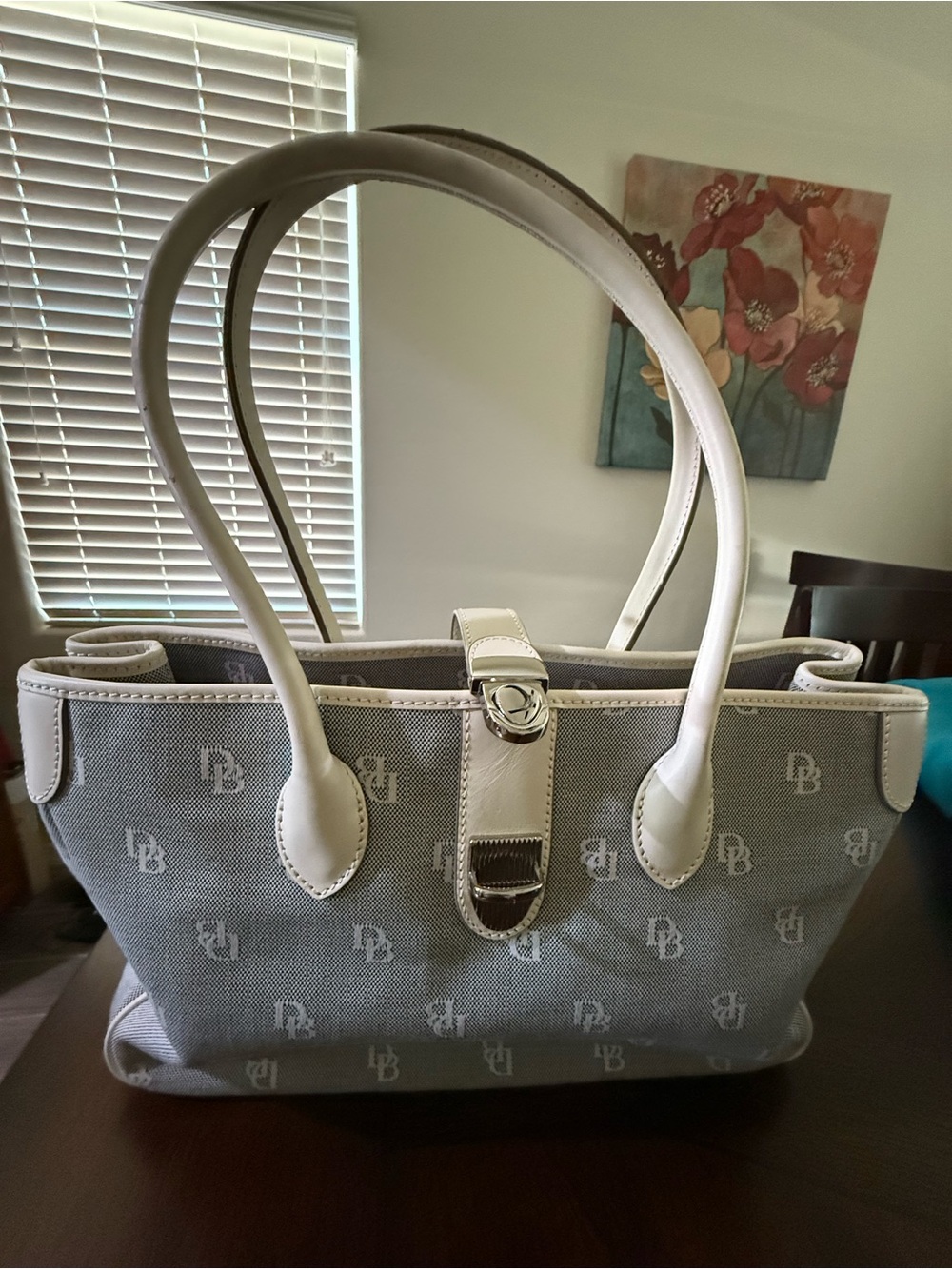 Dooney & Bourke Gray and White Logo Canvas Tote